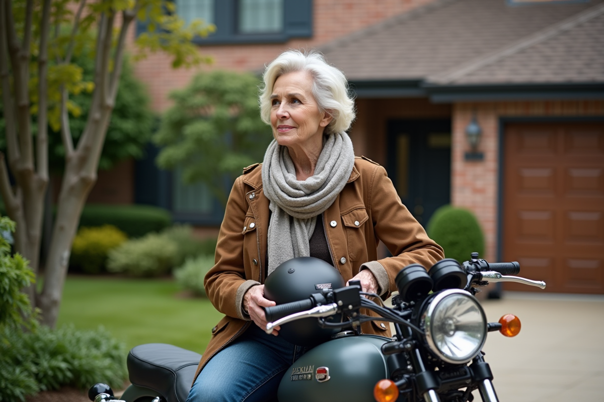 Femme assise sur une moto classique dans son jardin
