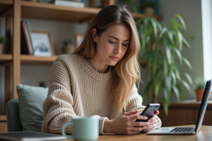 Jeune femme utilisant une application sur smartphone dans un bureau à domicile
