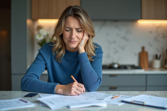 Femme en cuisine examinant des papiers et factures