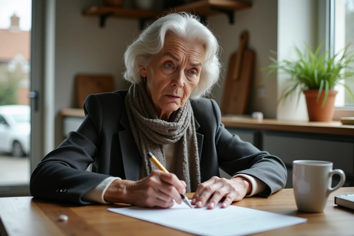 Femme d'environ 60 ans remplissant des papiers de retraite