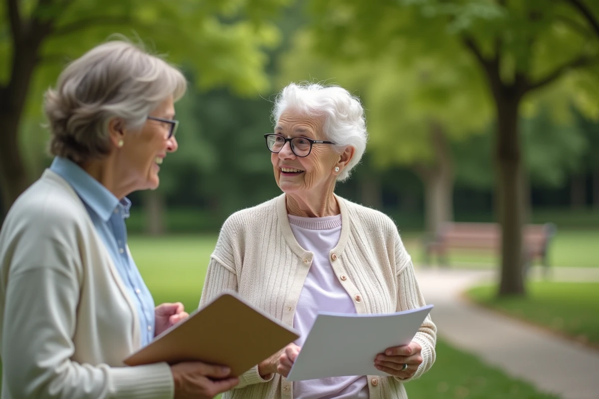 Femme de 62 ans souriant avec une amie dans un parc
