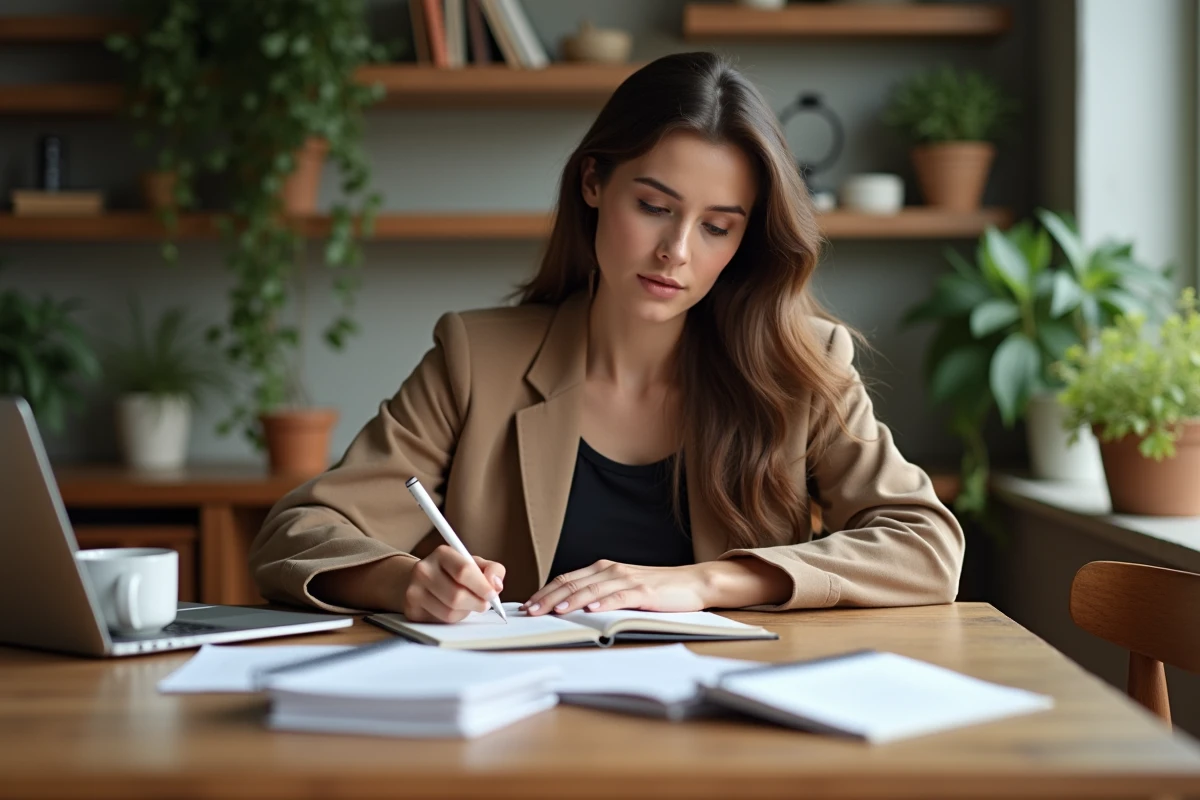 Femme écrivant un plan quotidien dans un bureau lumineux