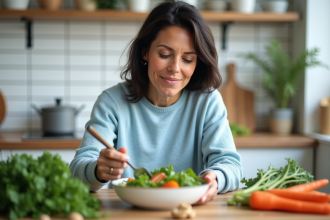 Femme en cuisine préparant une salade fraîche et colorée
