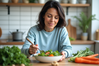 Femme en cuisine préparant une salade fraîche et colorée