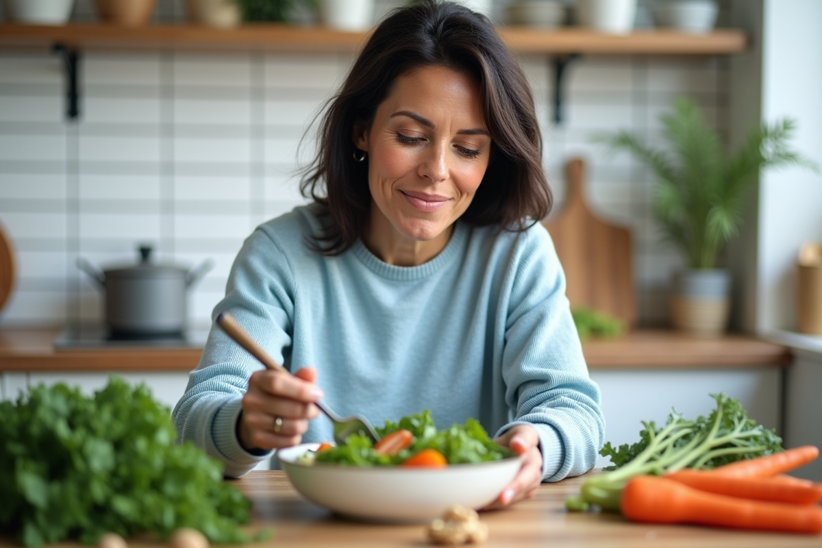 Femme en cuisine préparant une salade fraîche et colorée