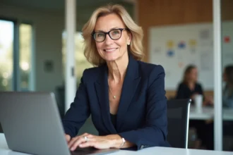 Femme confiante en bureau moderne travaillant sur son ordinateur