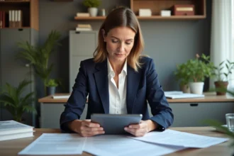 Femme d'âge moyen lisant des documents au bureau