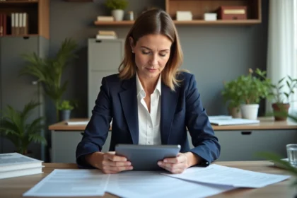 Femme d'âge moyen lisant des documents au bureau