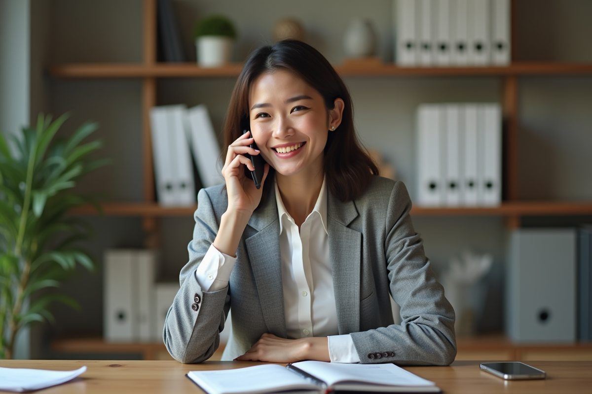 Femme d'affaires parlant au téléphone dans un bureau moderne