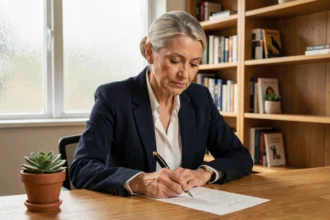Femme de 60 ans rédigeant sereinement sa lettre de départ à la retraite à son bureau à domicile