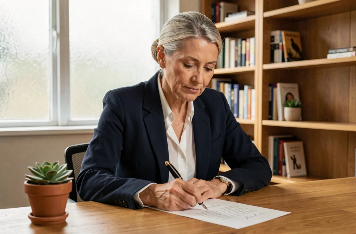 Femme de 60 ans rédigeant sereinement sa lettre de départ à la retraite à son bureau à domicile