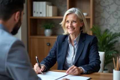 Femme de 50 ans en réunion avec conseiller en bureau moderne