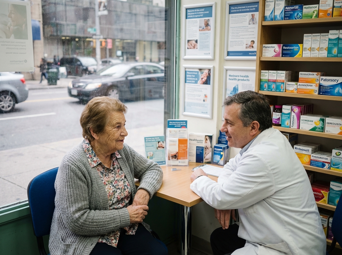 Femme retraitée discutant avec un pharmacien en pharmacie
