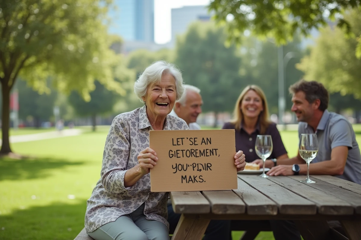 Femme âgée tenant une pancarte humoristique en plein air dans un parc