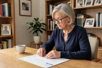 Femme de 57 ans en retraite progressive consultant un calendrier annoté dans son bureau à domicile pour planifier ses jours de congés