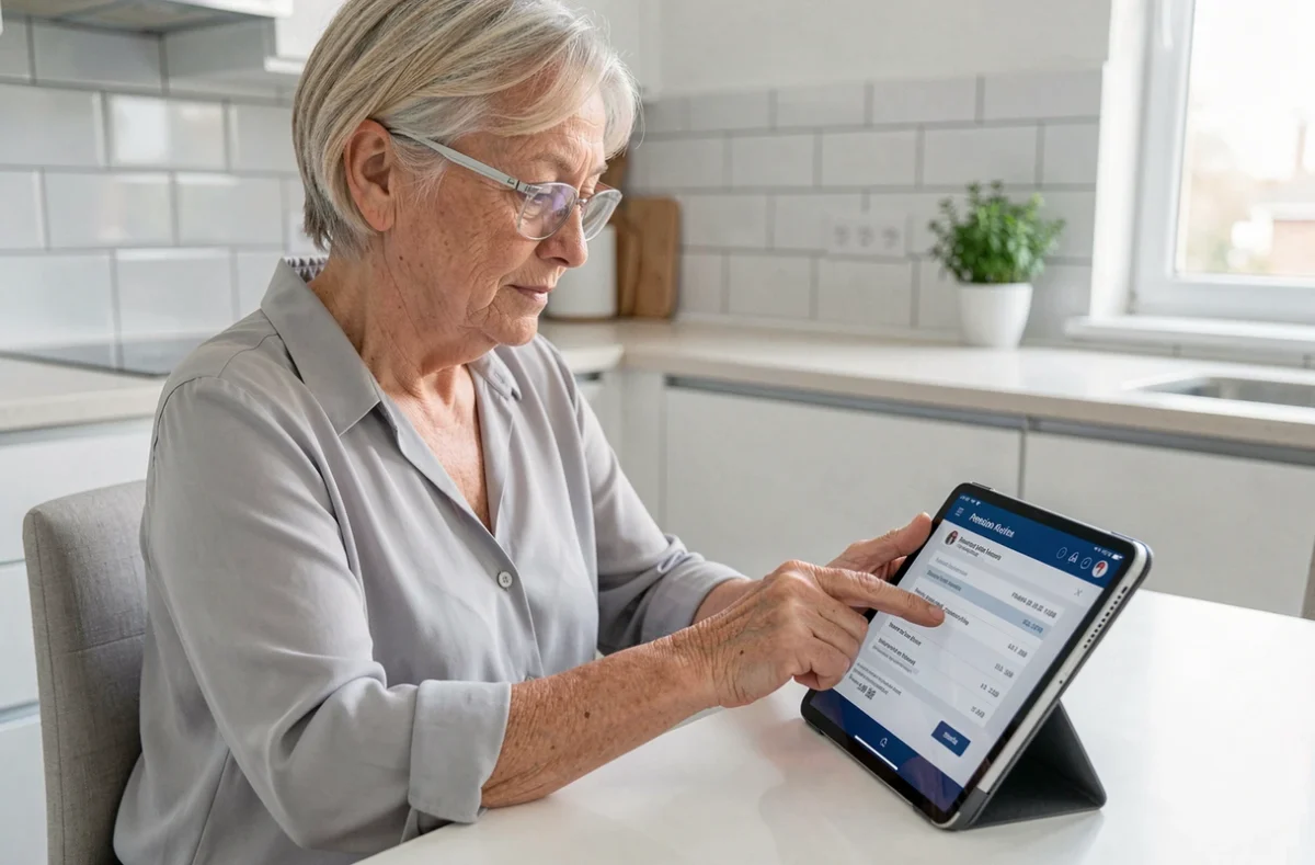 Femme retraitée accédant à son bulletin de salaire en ligne via une tablette dans sa cuisine moderne