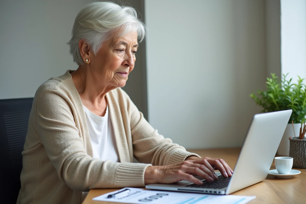 Femme retraitée consultant le site des impôts sur son ordinateur pour remplir sa déclaration et bénéficier de l'abattement de 10%