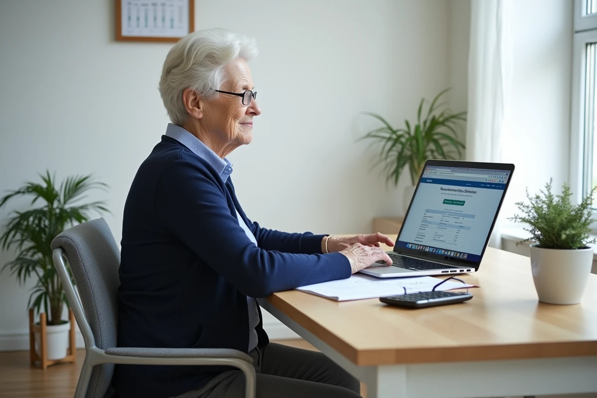 Femme retraitée consultant un simulateur de retraite Agirc-Arrco sur son ordinateur portable