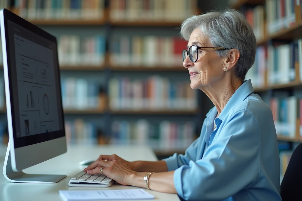 Femme retraitée utilisant un ordinateur en bibliothèque pour récupérer ses identifiants de l'Agence Famille SNCF