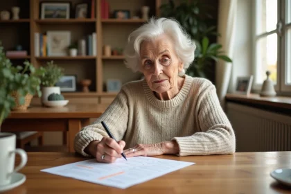 Femme senior remplissant un formulaire d'autoévaluation à la maison