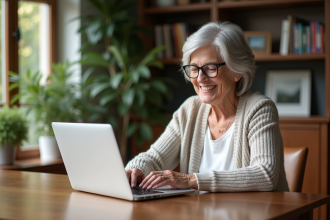 Femme senior souriante travaillant sur son ordinateur à la maison