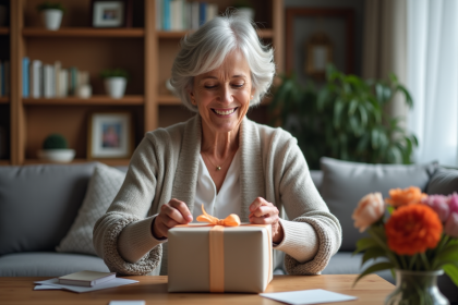 Femme senior souriante ouvrant un cadeau dans un salon chaleureux