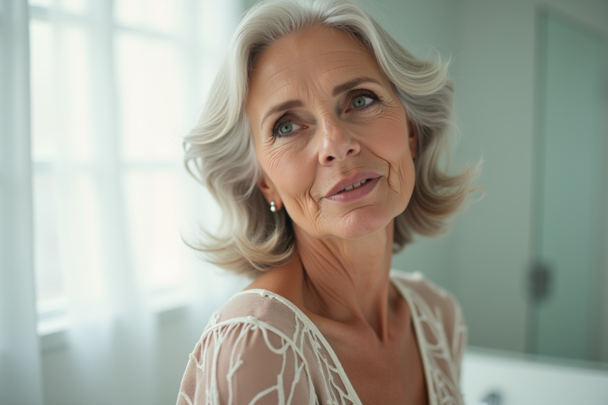 Femme senior avec coiffure soignée dans une salle de bain lumineuse