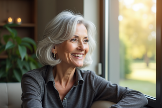 Femme senior élégante souriante près d'une fenêtre lumineuse