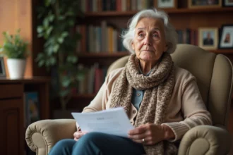 Femme senior assise avec documents dans un salon chaleureux