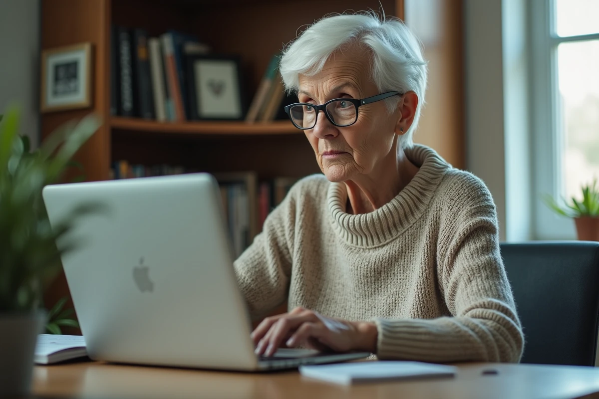 Femme de 65 à 70 ans consultant un profil de rencontre en ligne sur ordinateur chez elle en toute sécurité
