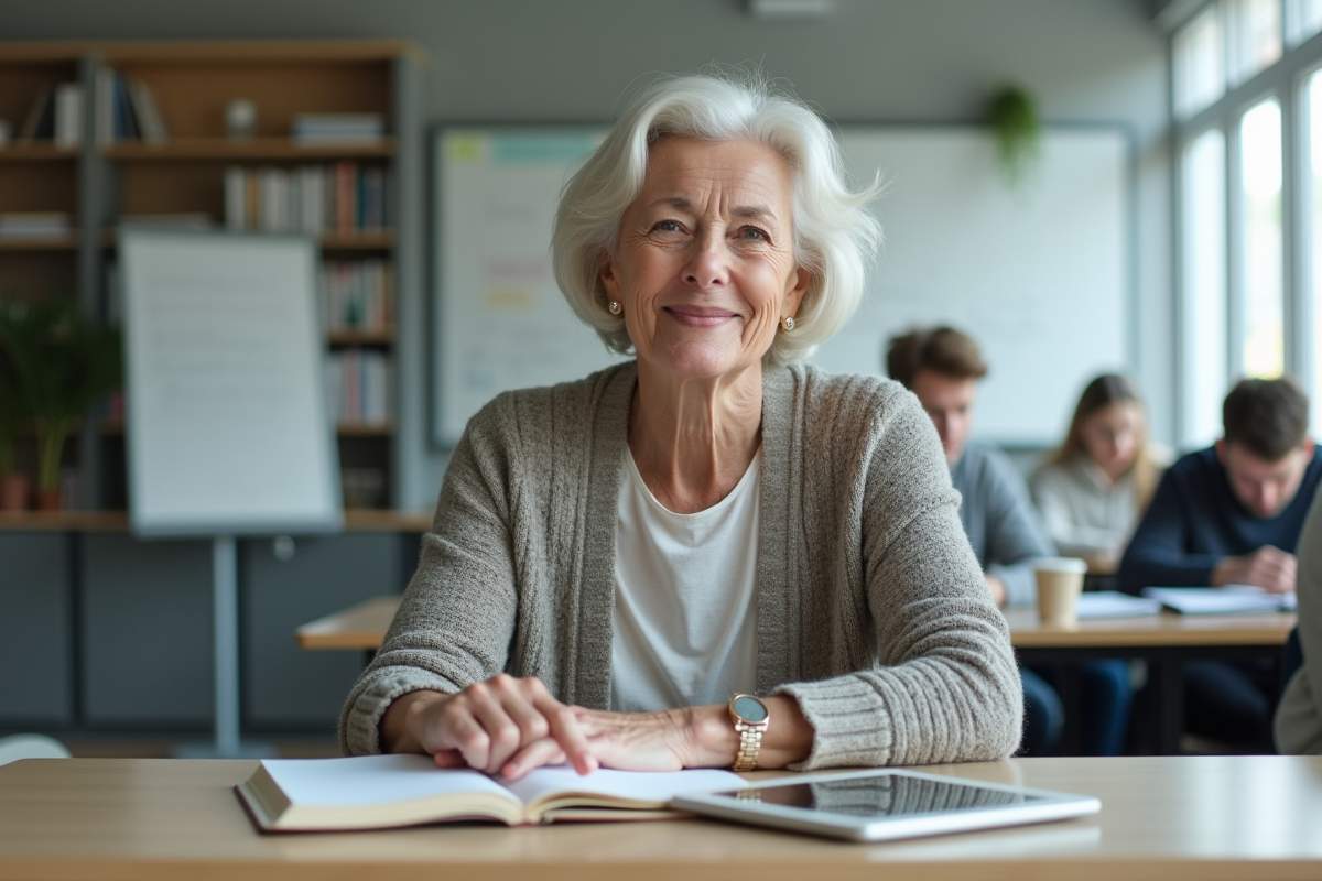 Femme senior attentive dans une salle moderne avec livres et tablette