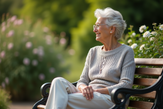 Femme senior assise dans un jardin ensoleille, sourire serein