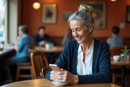 Femme de 65-70 ans utilisant son smartphone dans un café pour rencontrer des gens en toute sécurité