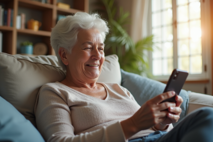 Femme senior utilisant un smartphone moderne dans un salon lumineux