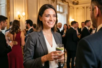 Femme seule et souriante lors d'une soirée parisienne chic, tenant un verre de tonic, prête à engager la conversation