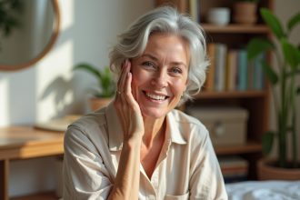 Femme souriante appliquant une creme visage dans une chambre lumineuse