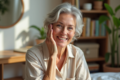 Femme souriante appliquant une creme visage dans une chambre lumineuse