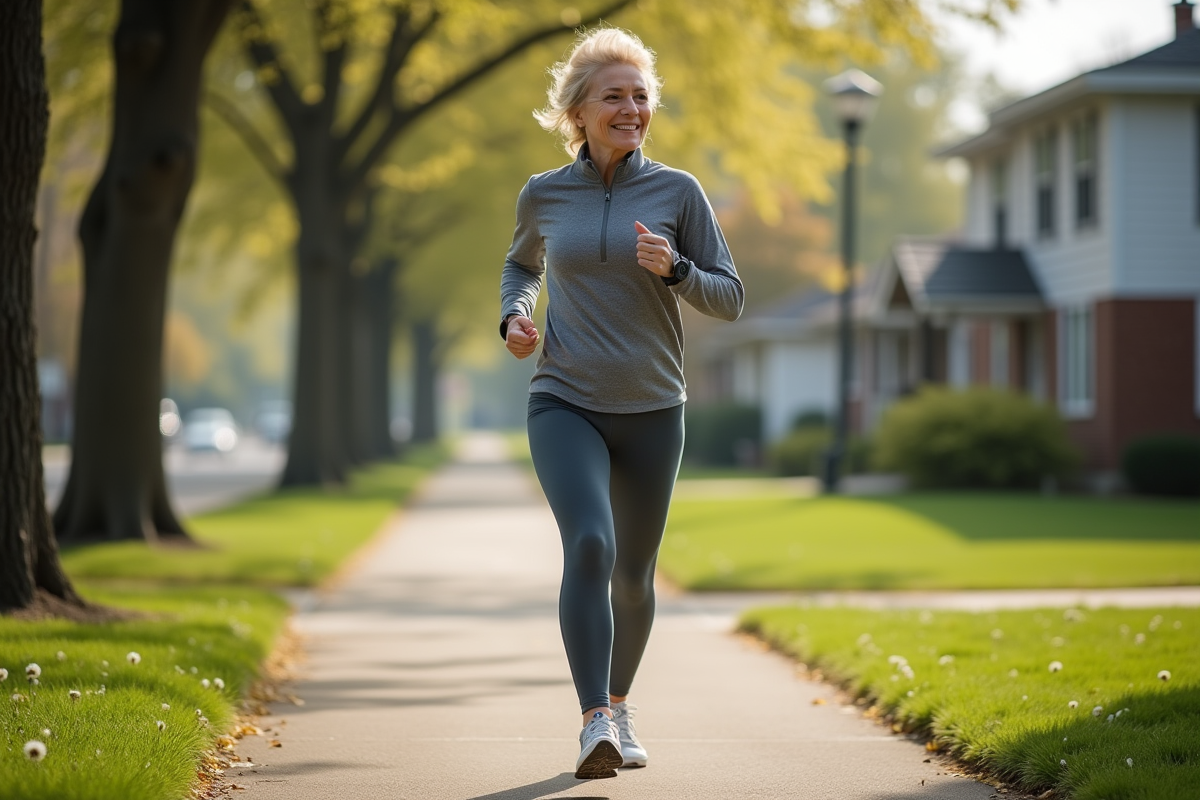 Femme sportive marchant dans une rue au matin