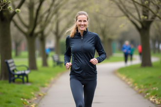 Femme sportive souriante dans un parc au printemps