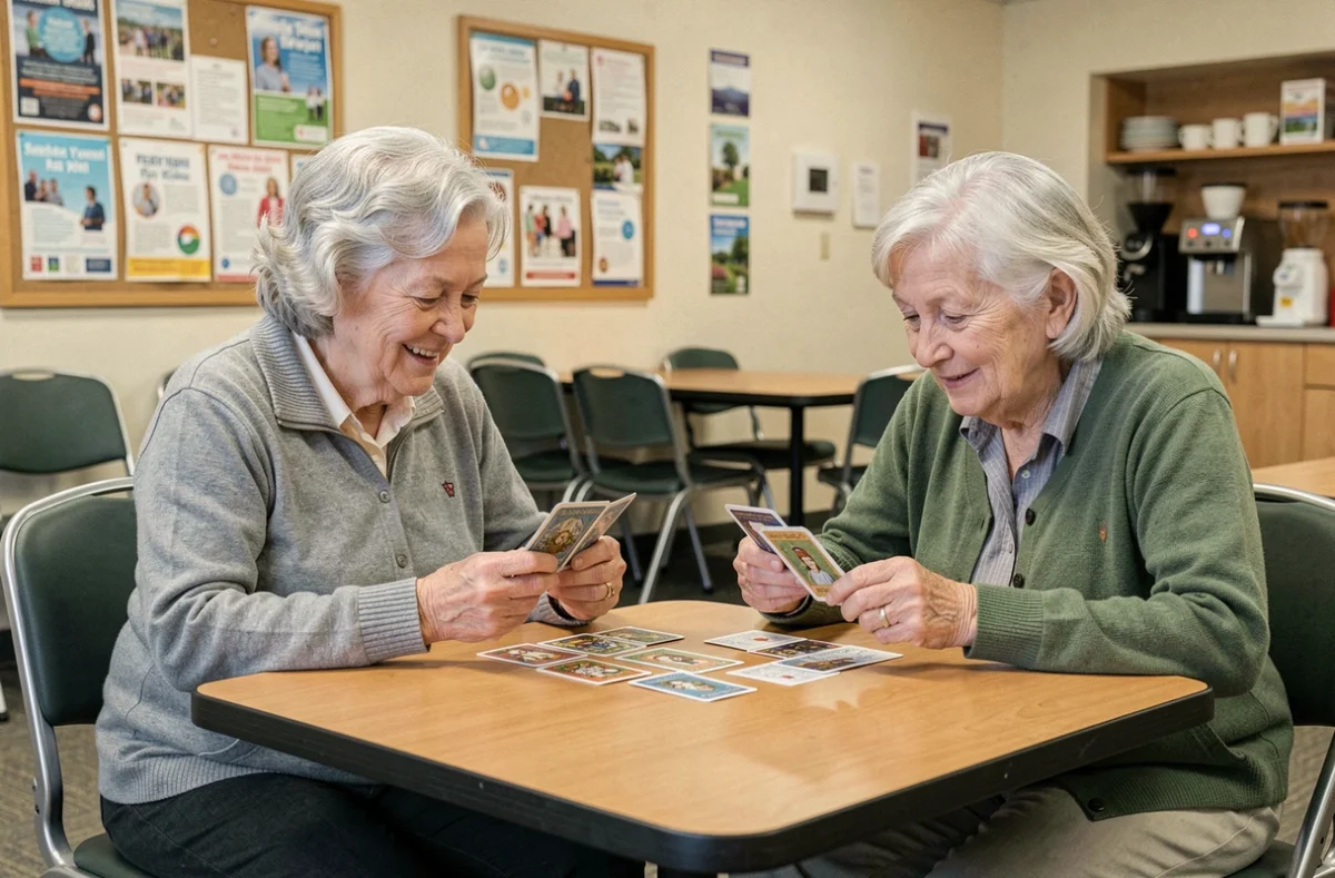 Deux femmes âgées concentrées sur une partie de cartes dans une salle d'activités de centre de jour pour seniors