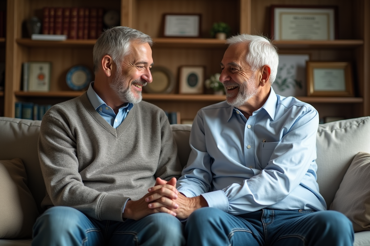 Fils tenant la main de son père âgé dans un salon