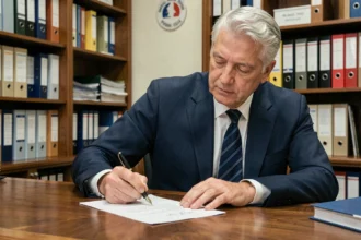 Fonctionnaire senior écrivant sa lettre de départ à la retraite à son bureau administratif