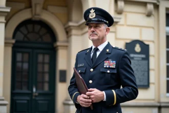 Gendarme en uniforme devant une gendarmerie historique