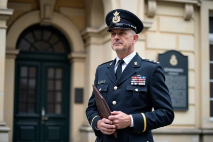Gendarme en uniforme devant une gendarmerie historique