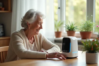 Robot assistant ElliQ interagissant avec une personne âgée pour favoriser l'autonomie
