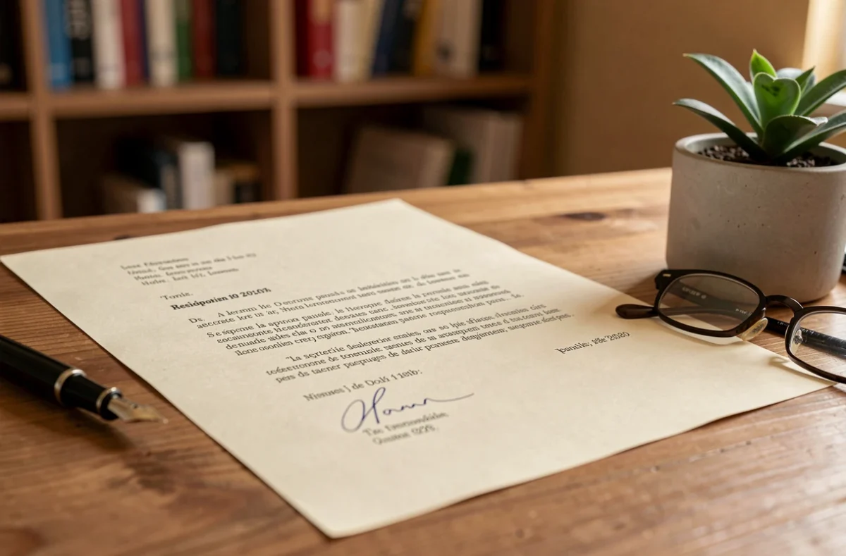 Gros plan d'une lettre de démission pour départ à la retraite posée sur un bureau avec stylo et lunettes