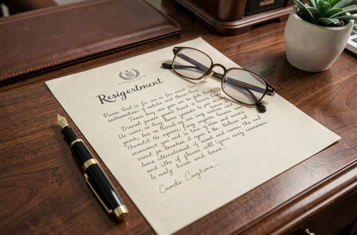 Gros plan sur une lettre de départ à la retraite manuscrite posée sur un bureau en bois avec un stylo plume