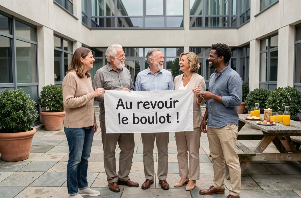 Groupe de collègues riant autour d'un manager partant à la retraite tenant une banderole humoristique dans la cour extérieure d'une entreprise