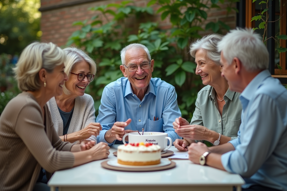 Groupe de collègues célébrant une retraite autour d une table extérieure