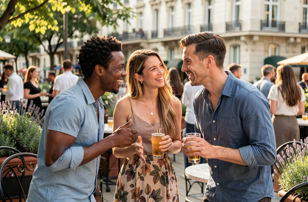 Groupe de personnes faisant connaissance lors d'un événement en terrasse parisienne, verres de tonic à la main